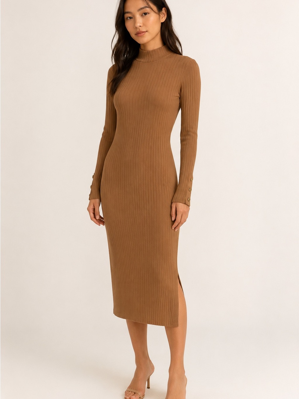Revamped Camel Ribbed Mock Neck Bodycon Midi Dress XXS